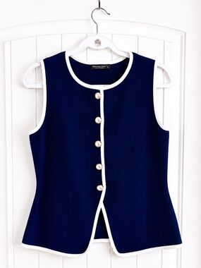 Emerson Lang Navy Contrast Trim Knit Vest Top – Gold Button Front – Size Large